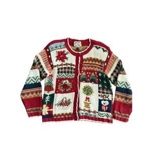 Heirloom Collectibles Ivory Red knit chunky Embroidered Cardigan Sweater Size M